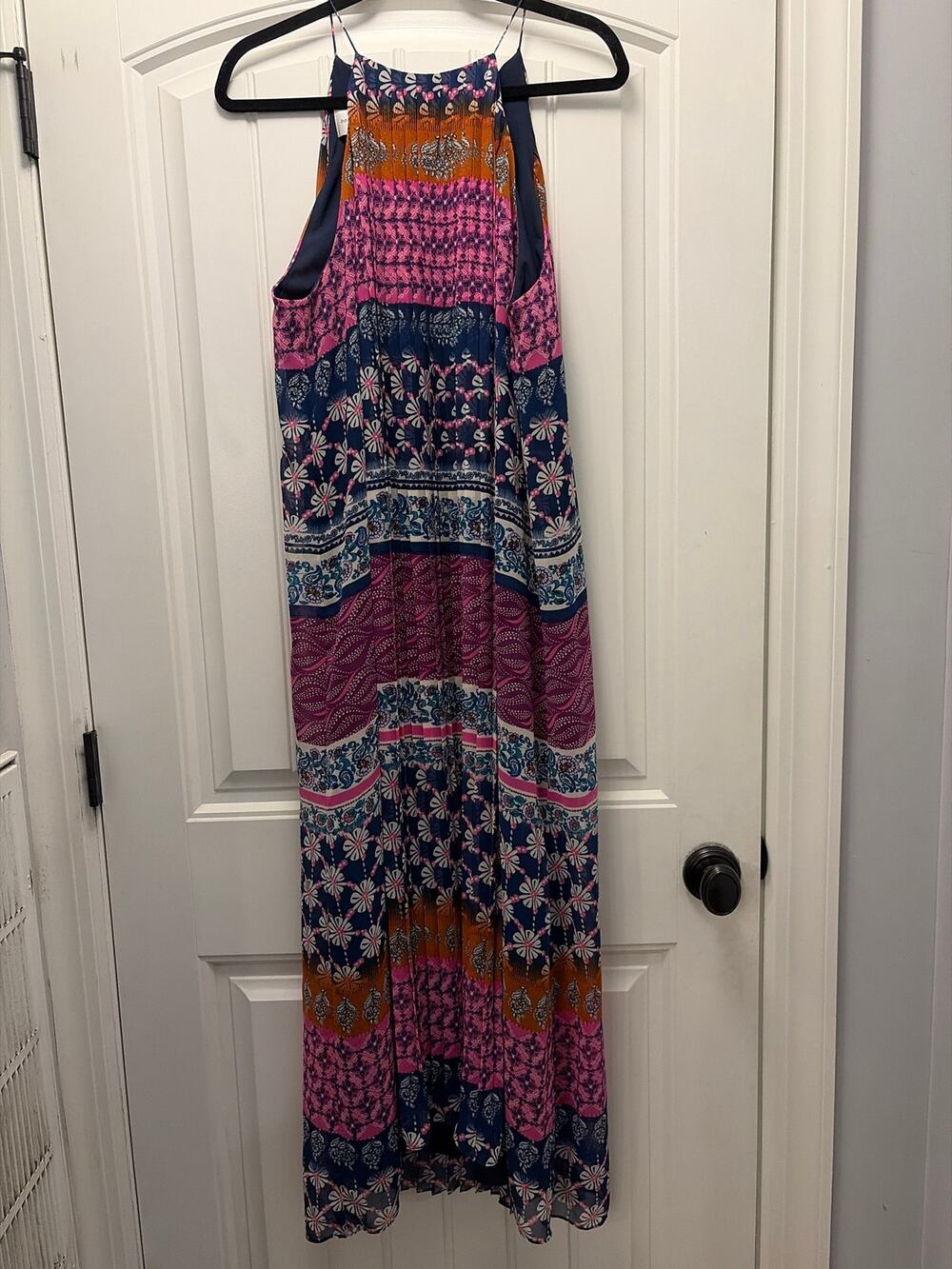 Donna Morgan Women’s Pleated Chiffon Halter Neck Maxi Dress Size 12 Blue Pink